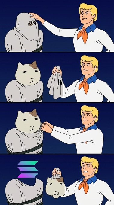 A four-panel comic showing a blonde man removing a gray sheet to reveal a cat (then a Solana logo) underneath, with the final panel displaying the SOL token symbol.