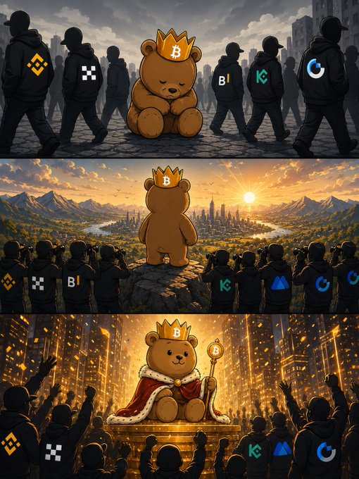 The image features a cartoon bear wearing a crown, surrounded by a crowd of people who are also wearing crowns. The scene takes place at sunset with mountains visible in the background. The caption reads "First they ignore $GRIZZY. Then they watch $GRIZZY. And then they list $GRIZZY". This suggests that the bear is leading a group of people through a series of events, possibly related to the cryptocurrency market or a similar theme.