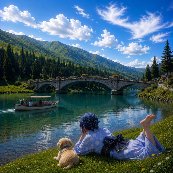 A serene landscape featuring a person with a blue headscarf and a small fluffy dog resting on grass beside a turquoise river, with a stone arch bridge and a boat carrying people in the background under a partly cloudy sky.