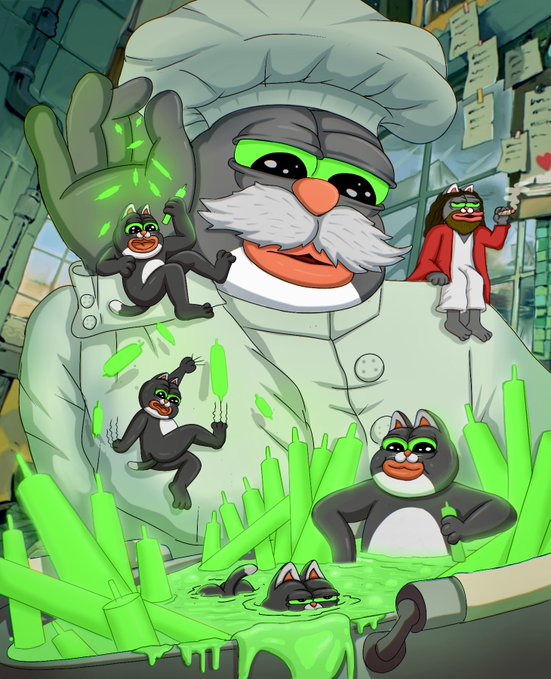 An illustration featuring an anthropomorphic cat chef surrounded by smaller cat characters in a kitchen filled with glowing green liquid and stalks.