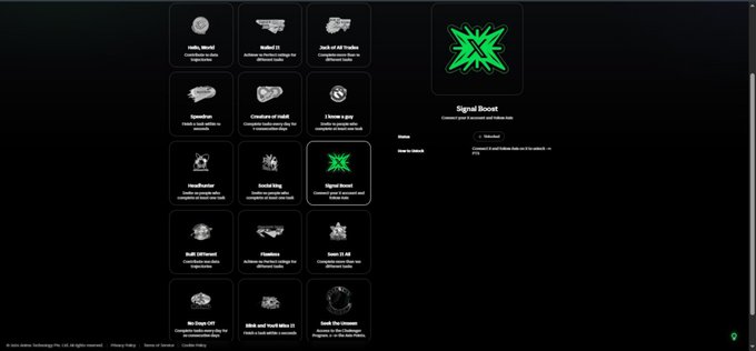 A dark-themed menu interface displaying a grid of various game modifications or cheats, including 'Signal Boost', 'Headhunter', 'Social Ninja', and others.