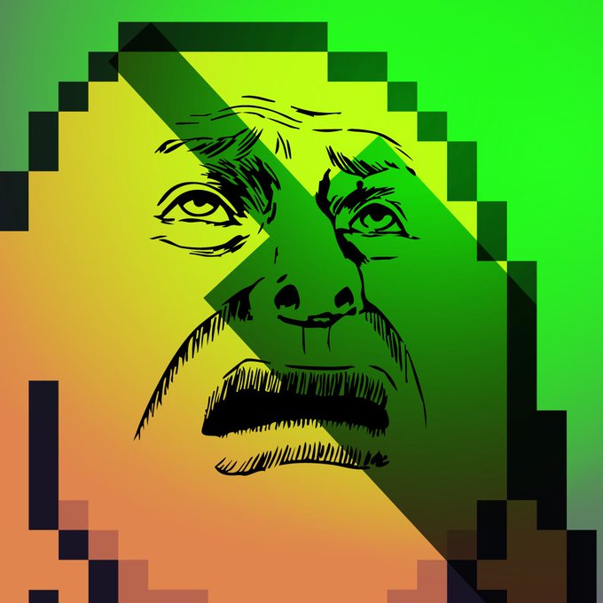 A stylized pixelated portrait illustration with a green and orange/yellow color scheme, depicting a man's face in a graphic art style.