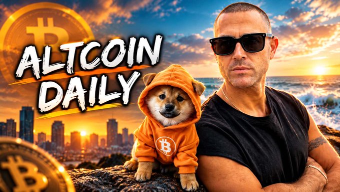 A thumbnail for 'ALTCOIN DAILY' featuring a man in sunglasses posing next to a Shiba Inu dog wearing an orange Bitcoin hoodie, set against a sunset cityscape with golden Bitcoin coins.