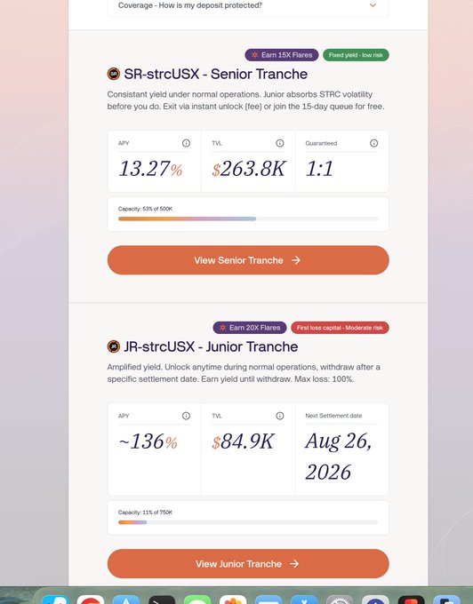 The image shows two tranche options for SR-strcUSX: a Senior Tranche offering 13.27% APY with $263.8K TVL, and a Junior Tranche offering ~136% APY with only $84.9K TVL. The image directly illustrates the post's joke by showing the strikingly low total value locked (~$348K combined) in the STRC tranches, reinforcing the humorous claim that there's more money under a couch than invested in this wrapped STRC.