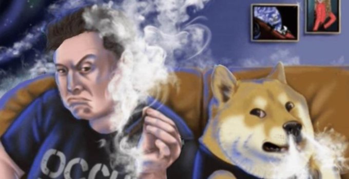 A digital artwork or edit depicting Elon Musk with an exaggerated, frowning face sitting next to a Shiba Inu dog, both appearing to smoke, in front of framed pictures on a blue wall.