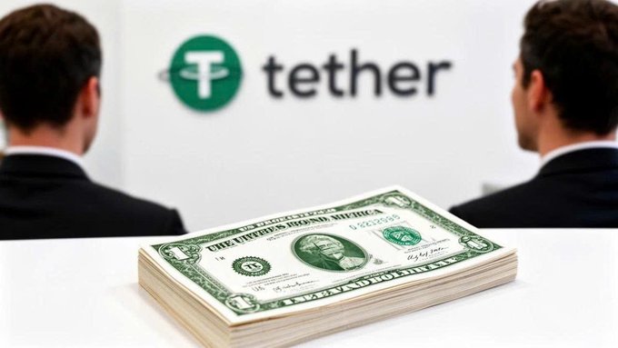 Two men in suits sit facing each other across a table with a stack of U.S. dollar bills in the foreground, set against a backdrop displaying the Tether logo. The image visually reinforces the article's message of Tether generating $1.5 billion in profit during Q2, largely from U.S. Treasury bonds.