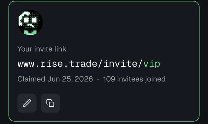 A digital invite link card displaying 'www.rise.trade/invite/vip' with a pixelated green alien icon, noting it was 'Claimed Jun 25, 2026 · 109 invitees joined'.