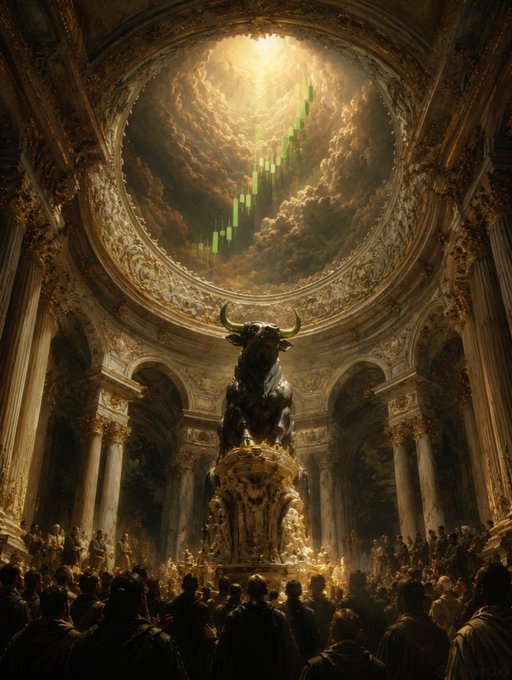 An AI-generated baroque-style painting of a bull statue in an ornate temple with a candlestick chart rising into the clouds above.