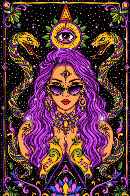 The image features a woman with long purple hair wearing sunglasses and a headband adorned with flowers. She is depicted as a goddess or a deity, surrounded by two snakes. The background of the image is black, which contrasts with the vibrant colors of the woman's hair and the snakes' scales. The overall design of the artwork suggests that it could be part of an album cover for "Happy Friday Thanks @tokioflo & @evlosm for your support to my artwork for #ELSEWHERE Collection drop, glad you like my art to give a place in your world".