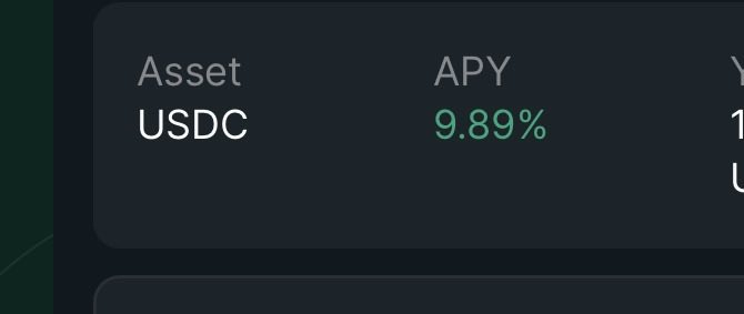 The image displays a financial interface showing USDC with an APY of 9.89%, illustrating the high yield rate mentioned in the post about earning almost 10% APY on USDC through their platform.