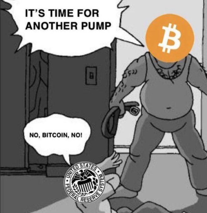 A political cartoon depicting a muscular figure with a Bitcoin logo for a head saying 'IT'S TIME FOR ANOTHER PUMP' while opening a door on the Federal Reserve System seal saying 'NO, BITCOIN, NO!'.