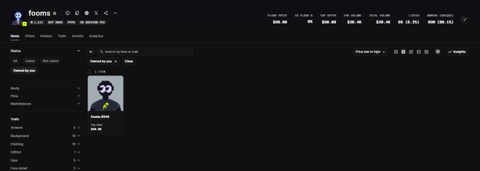 A dark-themed dashboard interface for the fooms platform displaying token prices, liquidity, and an analytics chart.