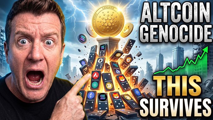 A YouTube thumbnail featuring a shocked-looking man pointing at phones and crypto logos, with text reading 'ALTCOIN GENOCIDE' and 'THIS SURVIVES', highlighting Cardano.