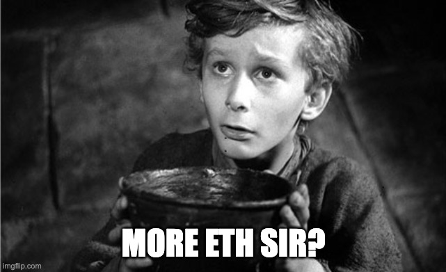 A black-and-white photo shows a young, scruffy-haired boy holding up a bowl with a hopeful, wide-eyed expression, with the caption "MORE ETH SIR?" overlaid in bold white text—likely a meme urging a figure (possibly Vitalik Buterin) to send more Ethereum.