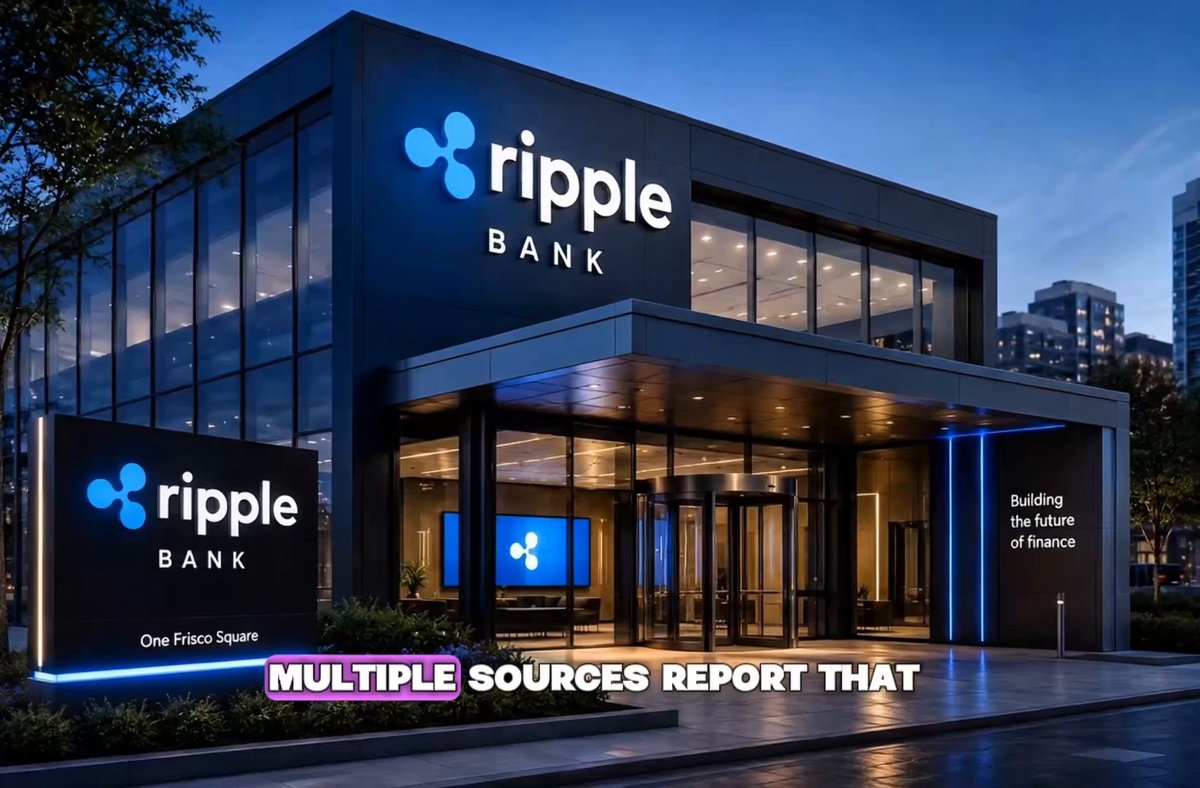The image shows a large building with Ripple Bank's logo on its facade, located in an urban setting. The text "Ripple Bank" is prominently displayed above the bank's name. The image also contains a claim that Ripple may be linked to a major U.S. banking milestone, but it is not confirmed if this is true or just speculation.