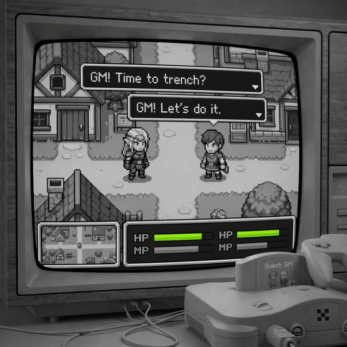A retro CRT television displays a pixelated RPG where two characters discuss "GM! Time to trench?" and "GM! Let's do it," with HP/MP bars shown, while a Super Famicom-style console in the foreground labels the quest "Quest: GM" — perfectly capturing the post's theme of embarking on a "trench" mission to "find the signal."