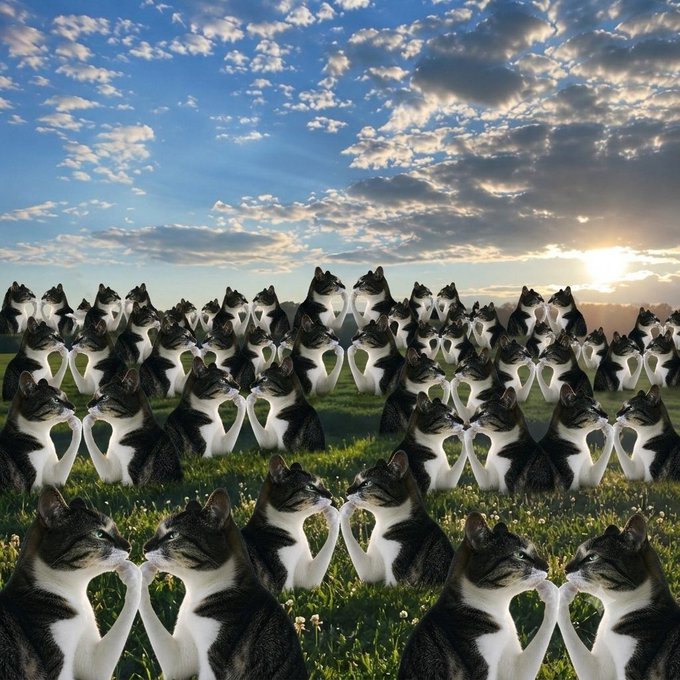 A surreal scene shows a massive gathering of cats arranged in pairs, forming heart shapes with their white chests, set in a grassy field under a dramatic cloudy sky at sunset.