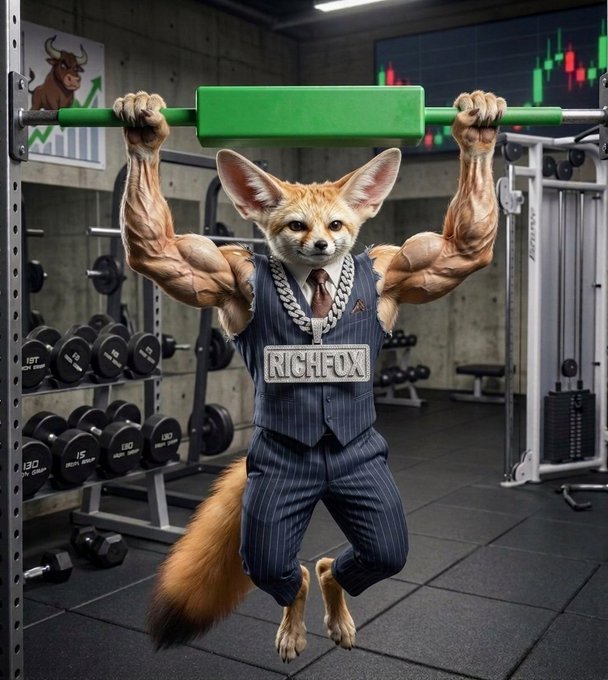 A muscular fennec fox in a pinstripe suit and "RICHFOX" chain lifts a green barbell overhead in a gym, embodying the "work harder every single day" hustle message tied to the $richfox token.