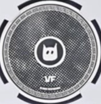 A gray circular logo featuring a stylized cat-like face in the center with 'VF' text below it, surrounded by concentric circular text reading 'INDUSTRIAL RECORDS'.