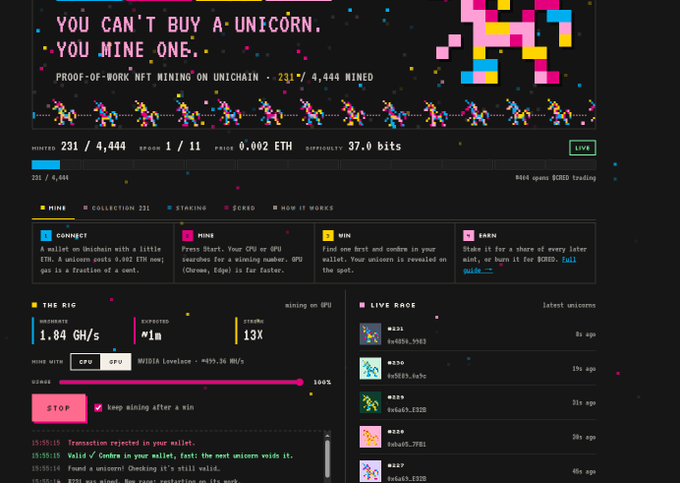 A screenshot of a crypto mining platform titled 'YOU CAN'T BUY A UNICORN, YOU MINE ONE' showing Proof-of-Work NFT mining on Unichain with 231/4,444 minted at 0.002 ETH, displaying a mining interface with 1.84 GH/s hashrate.