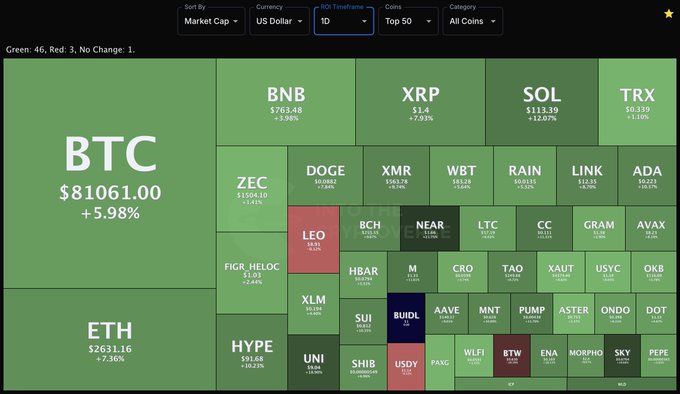 The image is a crypto market heatmap showing 50 coins ranked by 1D price change percentage, with green representing gains and red representing losses. BTC leads at $81,061 (+5.98%) and ETH at $2,631.16 (+7.36%), with most coins in the green, including notable gainers like HYPE (+19.16%), XLM (+19.10%), and BTC itself. The "10" 1D timeframe, Top 50 category, and US Dollar settings are selected at the top.