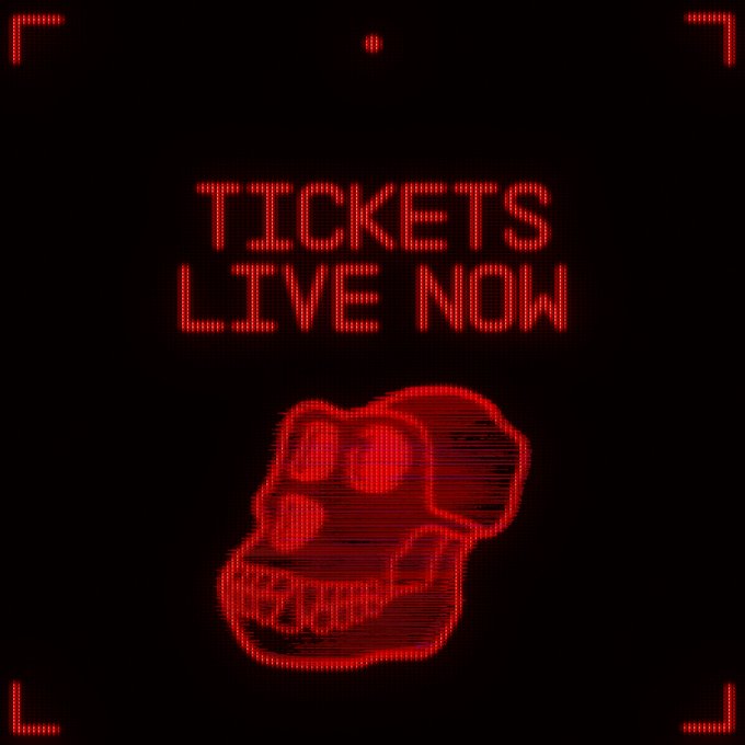 A stylized red LED/digital display shows the text "TICKETS LIVE NOW" above an ape skull graphic on a black background, with corner brackets framing the composition. This appears to be promotional artwork for ApeFest, announcing ticket availability for the event mentioned in the post.