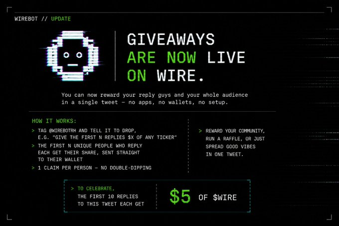 The image is a promotional graphic from Wirebot announcing that giveaways are now live on Wire, explaining how users can tag @wirebot to distribute $WIRE to the first N unique replies (with one claim per person) and celebrating the launch by offering $5 of $WIRE to the first 10 replies.
