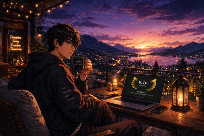 The image features a man sitting at an outdoor table, holding a cup of coffee while looking at his laptop computer screen. The scene takes place during sunset or dusk, with a beautiful view of mountains visible through the window behind him. The man appears to be enjoying his time and is likely taking a break from work or browsing the internet.