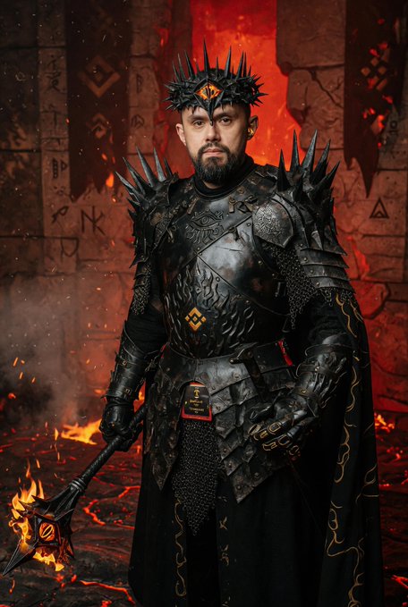 A man dressed as a dark, spiked knight stands before a fiery, rune-covered backdrop, holding a mace, evoking a medieval fantasy aesthetic that metaphorically fits the post's theme of capital rotating from AI into crypto like a shift in power.