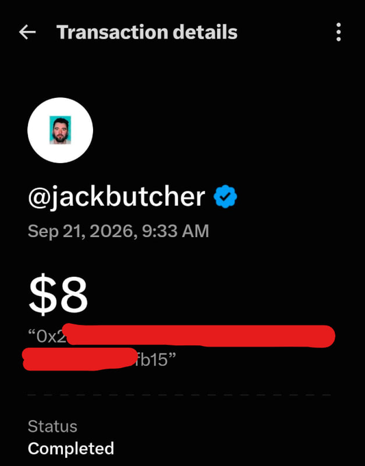 A mobile screenshot displays a transaction details page for user @jackbutcher dated September 21, 2026, showing an $8 completed payment with some redacted text.