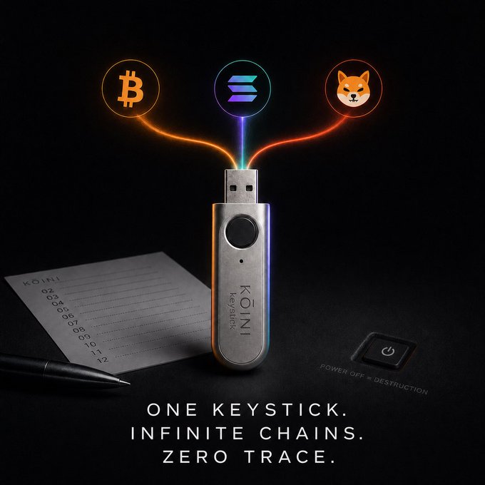 A product advertisement for the 'KOINI Keystick' hardware wallet with the tagline 'ONE KEystICK. INFINITE CHAINS. ZERO TRACE.' and a note that 'POWER OFF = DESTRUCTION', displaying Bitcoin, Solana, and Shiba Inu logos.