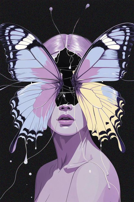 An artistic illustration of a figure with large butterfly wings replacing the upper half of the face, set against a black background with purple and yellow tones.
