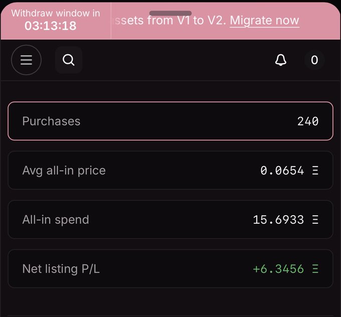 A mobile app dashboard showing crypto trading statistics, including 240 Purchases, an Avg all-in price of 0.0654, All-in spend of 15.6933, and a Net listing P/L of +6.3456, with a 'Withdraw window' timer at 03:13:18.