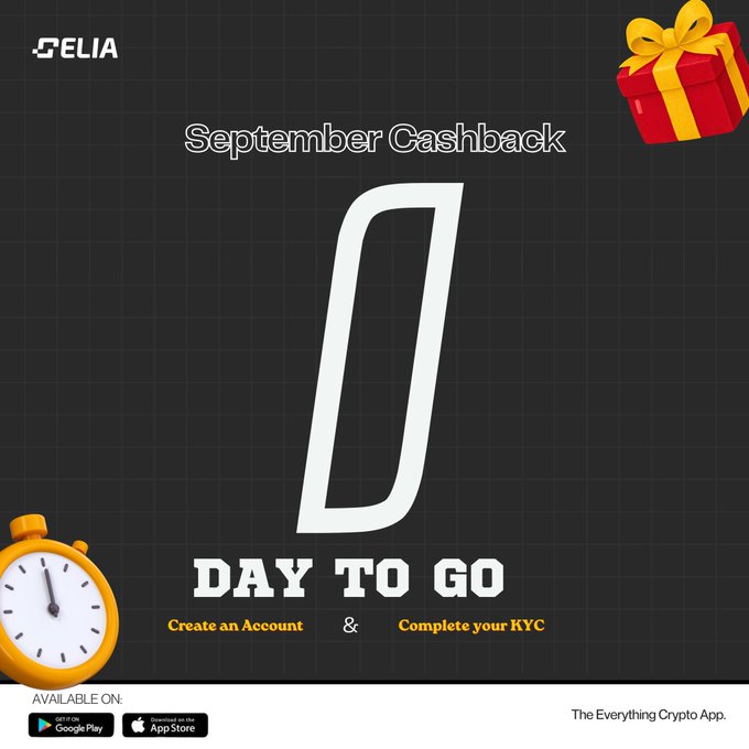 The image is a promotional graphic for Elia announcing "September Cashback" with "1 DAY TO GO" displayed prominently, instructing viewers to "Create an Account & Complete your KYC." It features the Elia logo, a gift box illustration, a countdown clock, and app store badges, promoting the upcoming cashback event mentioned in the accompanying post.