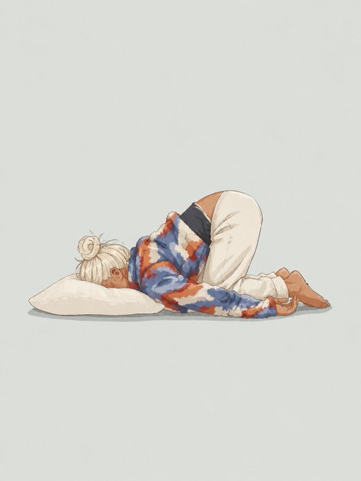 An illustration of a blonde person with their hair in a bun, wearing an orange and blue tie-dye shirt and white pants, lying face-down on a white pillow in a relaxed pose.