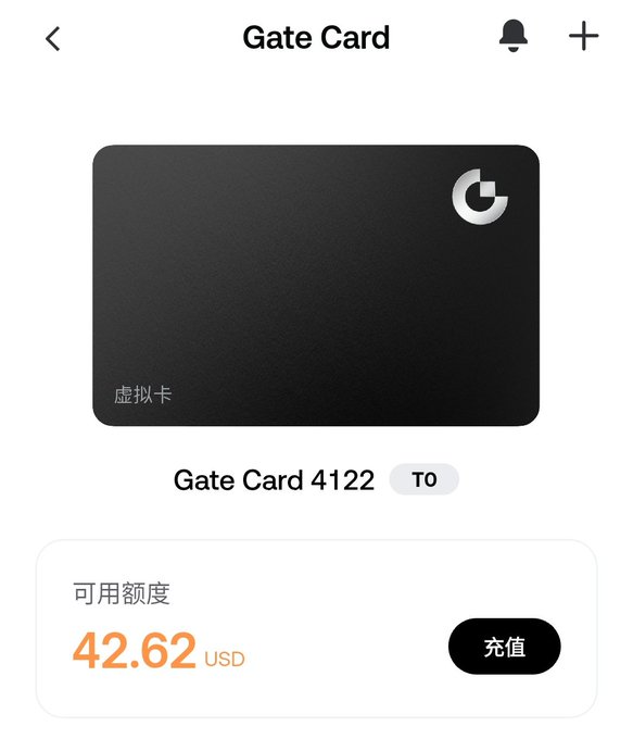 A screenshot of the Gate app showing a newly issued virtual Gate Card (4122, T0 tier) with an available balance of $42.62 USD and a recharge (充值) button, supporting the post's claim that the Gate app successfully issued a virtual card that can be linked to Alipay.