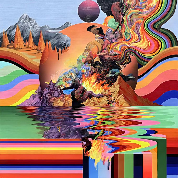 A vibrant, surreal digital painting of a colorful explosion, mountains, and waves reflecting across water with rainbow-striped terrain.