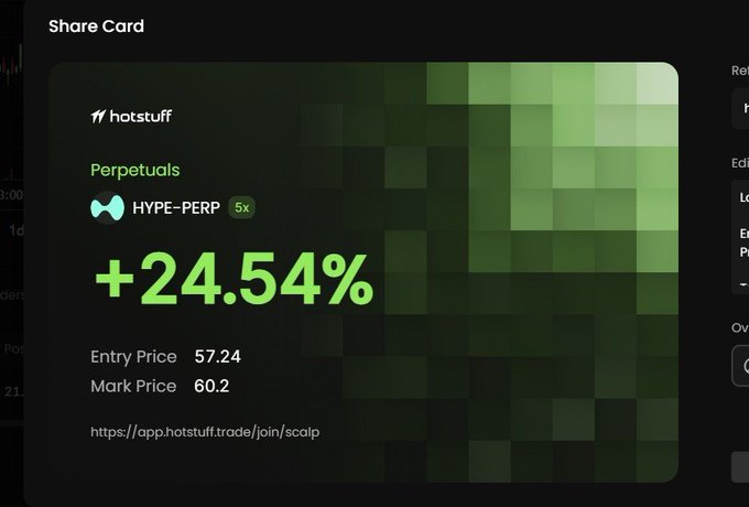 A 'Share Card' from hotstuff showing a perpetual position on HYPE-PERP with 5x leverage showing a +24.54% gain, Entry Price of 57.24, and Mark Price of 60.2, with a green pixelated background.