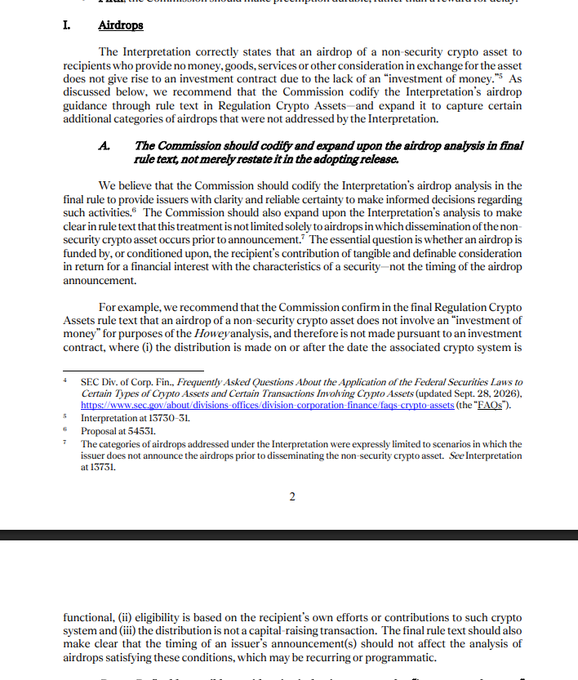 The image shows a policy comment stating that the SEC should codify and expand upon its airdrop interpretation in the final rule text, including non-security crypto assets that cannot provide money, goods, services, or other consideration in exchange for participation. It cites SEC Division of Corporation Finance’s Oct. 28, 2026 “Commission Guidance Regarding Certain Types of Crypto-Assets and Certain Transactions Involving Crypto Assets” and the HONE Airdrop proposal.