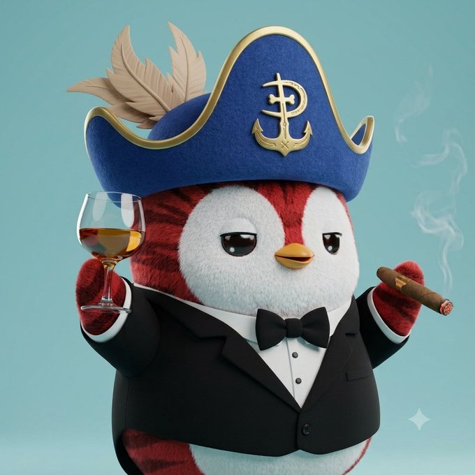 A 3D-rendered red and white penguin plush wears a blue pirate hat with gold anchor emblem, a black tuxedo with bow tie, holds a wine glass and a smoking cigar against a light teal background.