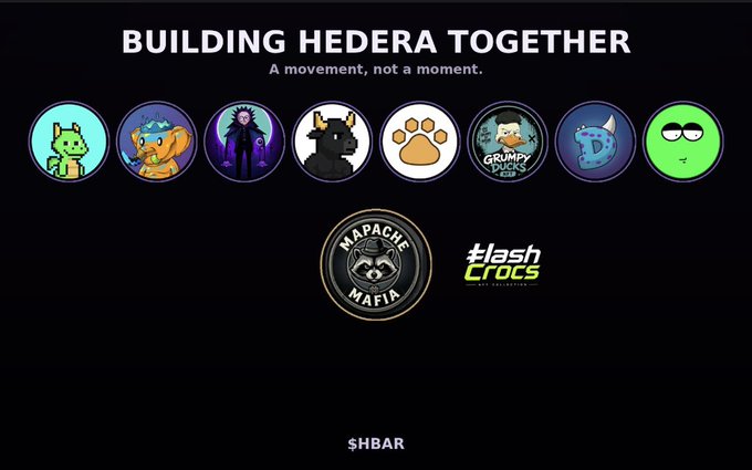 A graphic titled 'BUILDING HEDERA TOGETHER' with the subtitle 'A movement, not a moment.' featuring a row of cartoon avatar icons, logos for 'MAPACHE MAFIA' and 'Hash Crocs', and the ticker '$HBAR' at the bottom.