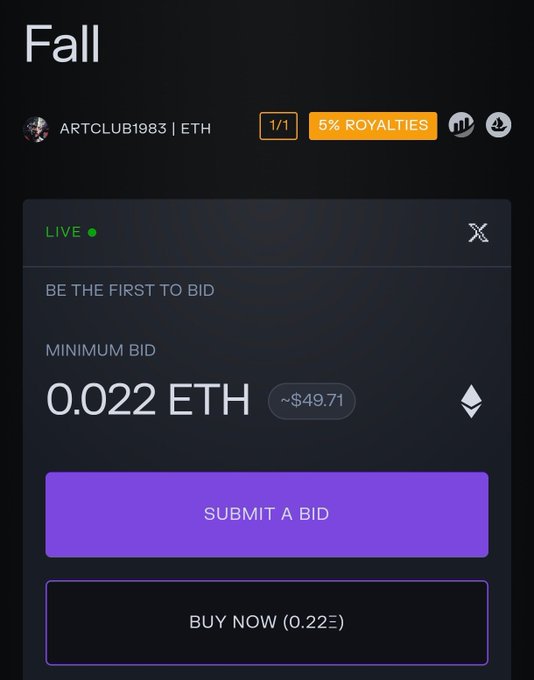 A digital auction interface for an NFT titled 'Fall' by ARTCLUB1983 shows a minimum bid of 0.022 ETH (~$49.71) with a 'Submit a Bid' button.