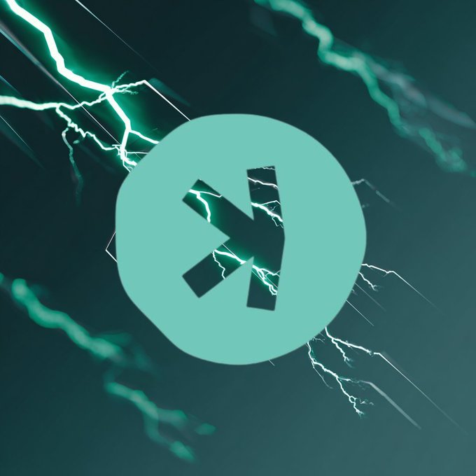 A stylized graphic featuring a teal-colored currency or symbol logo inside a rounded shape, set against a dark background with green lightning bolts.