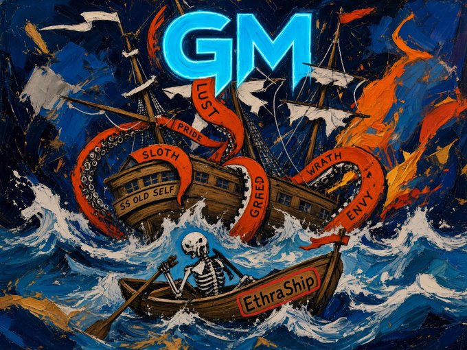 A stylized digital painting of a skeleton in a small boat approaching a burning ship labeled 'SS OLD SELF' wrapped in tentacles marked with sins (LUST, PRIDE, SLOTH, GREED, WRATH, ENVY), with 'GM' and 'EthtraShip' text.