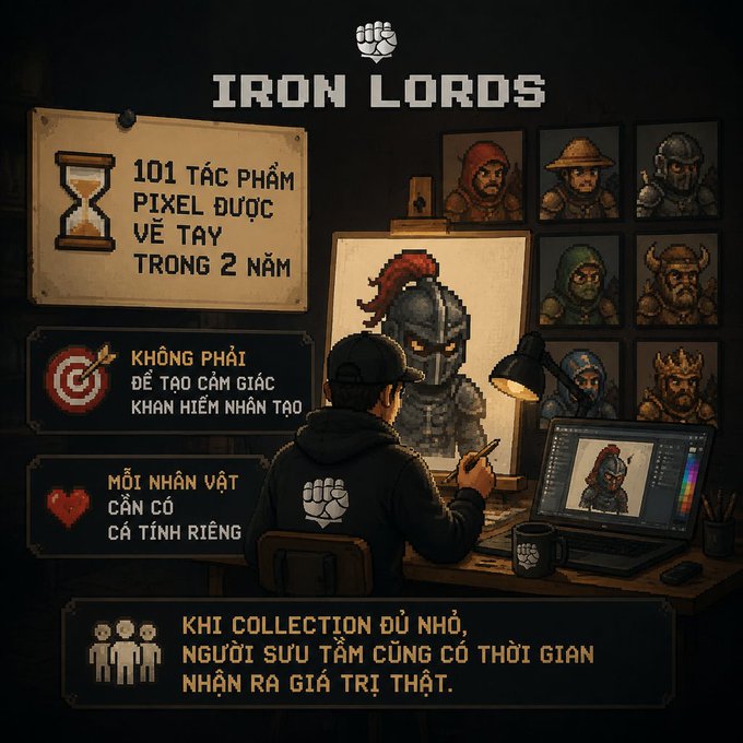 A pixel art infographic titled "IRON LORDS" in Vietnamese, advertising 101 hand-drawn pixel artworks, featuring an artist working at a desk with a laptop displaying character art.