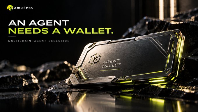 A promotional advertisement showing a metallic, futuristic device labeled 'AGENT WALLET' resting on rocky terrain with glowing yellow lights, featuring the text 'AN AGENT NEEDS A WALLET' and 'MULTICHAIN AGENT EXECUTION' alongside the 'amadeus' logo.