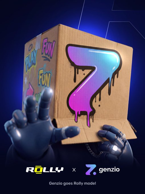 A robotic character with a cardboard box head featuring graffiti including "PLAY," "FUN," and a large dripping "Z" logo reaches forward against a dark blue background. The text reads "ROLLY × Z. genzio" with "Genzio goes Rolly mode!" below, illustrating the partnership announcement between Genzio and Rolly Onchain.