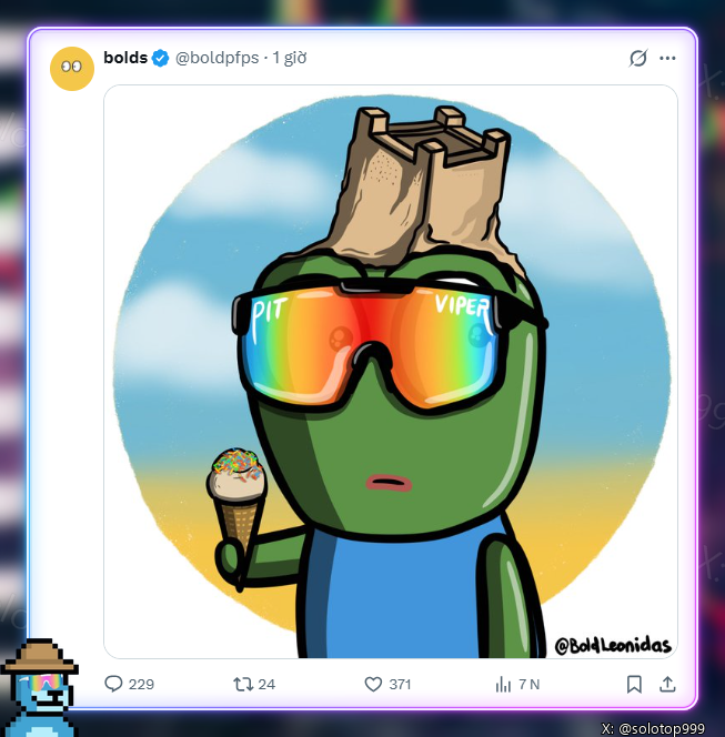 A screenshot of an X (formerly Twitter) post by verified user "bolds" (@boldpfps), posted 1 day ago, featuring a cartoon illustration of a green frog-like character wearing colorful "PIT VIPER" sunglasses, a sandcastle hat, and holding a sprinkle ice cream cone, credited to "@BoldLeonidas." The post announces an upcoming NFT collection on Robinhood Chain and is gaining traction with 229 replies, 24 reposts, 371 likes, and 7,000 views.