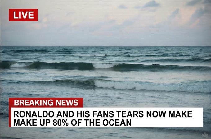 A live news broadcast showing ocean waves with a 'BREAKING NEWS' chyron reading 'RONALDO AND HIS FANS TEARS NOW MAKE UP 80% OF THE OCEAN'.
