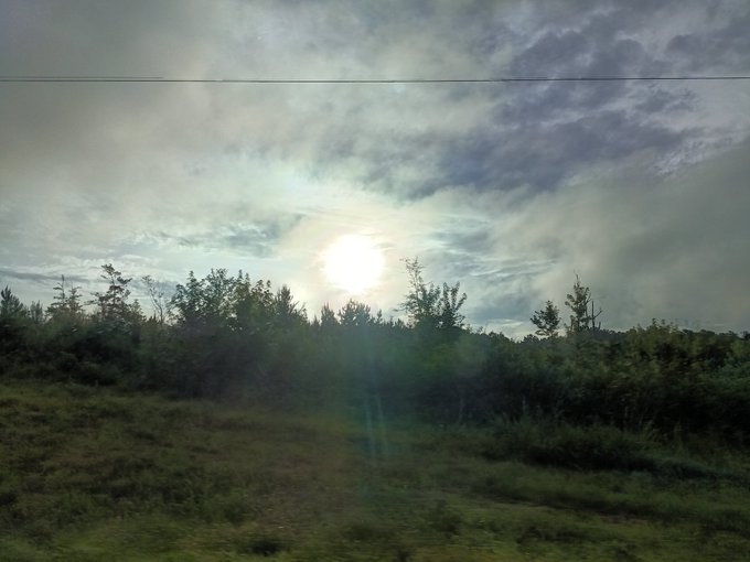 A scenic view of the sun setting or rising behind clouds over a tree line, with a power line visible across the top and lens flare from the sun.